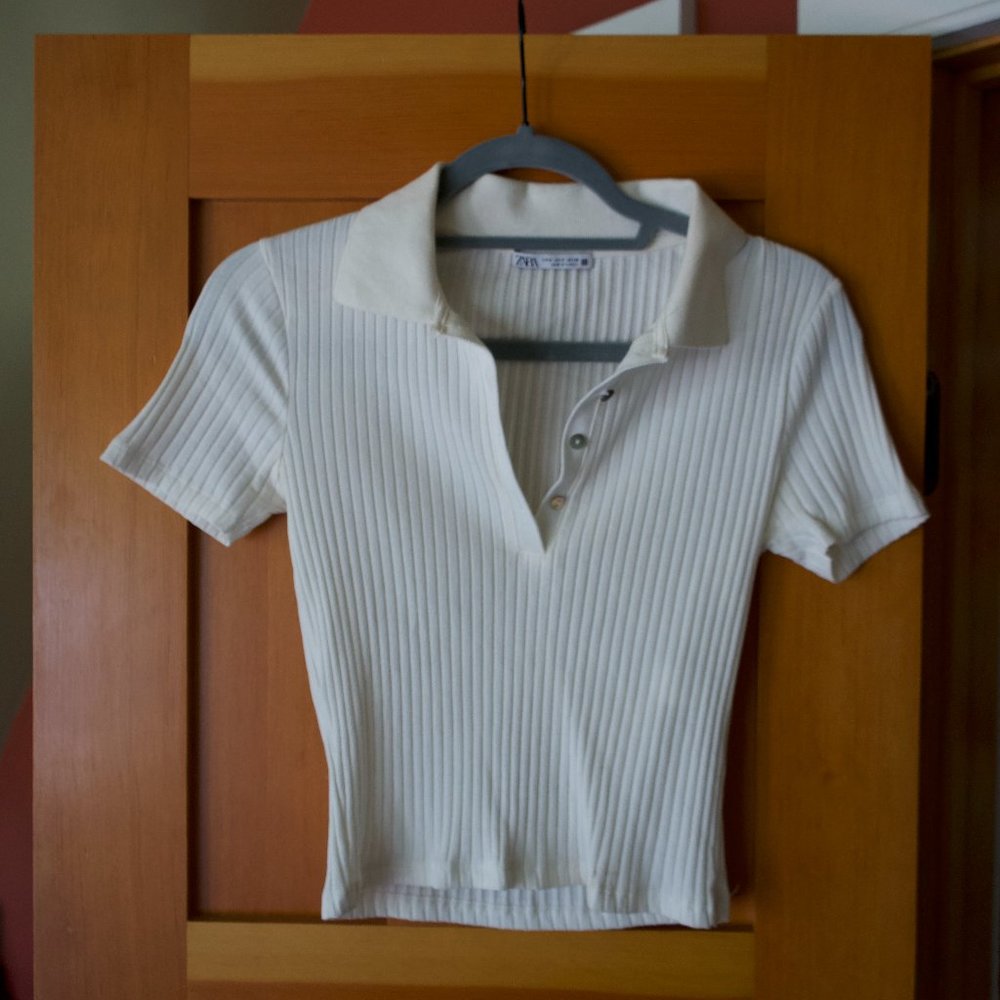 Zara White Cropped Ribbed Polo